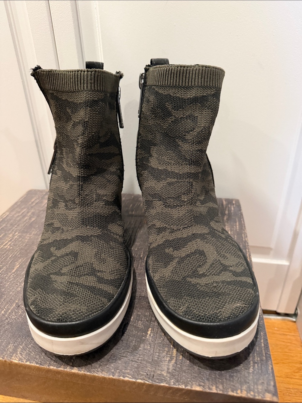 DKNY Olive Green Camouflage Knit Wedge Sneakers